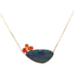 Black opal and fire opal necklace 14K yellow gold