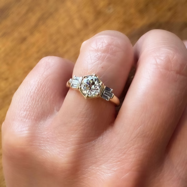 Old Mine Cut and Baguette Diamond Deco Ring - Image 4