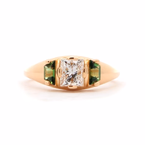 Domed Diamond And Green Sapphire Three Stone Ring